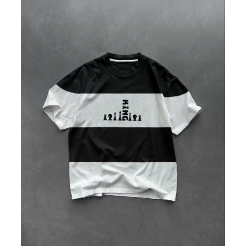 Unisex Bisiklet Yaka Baskılı Parçalı Oversize T-Shirt - Siyah