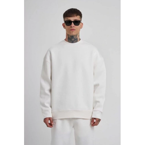 Unisex Biskilet Yaka Üç İplik SweatShirt - Beyaz