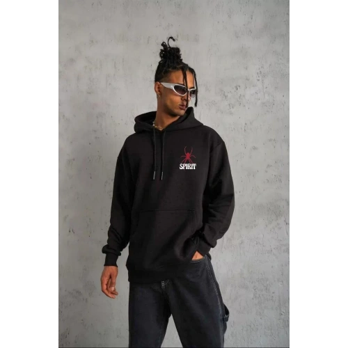 Unisex Kapşonlu Baskılı Sweetshirt - Siyah