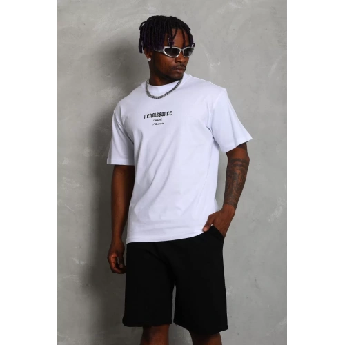 Unisex Oversize Baskılı Bisiklet Yaka T-Shirt - Beyaz