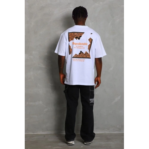 Unisex Oversize Baskılı Bisiklet Yaka T-Shirt - Beyaz