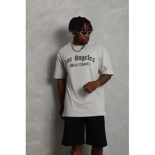 Unisex Oversize Baskılı Bisiklet Yaka T-Shirt - Gri