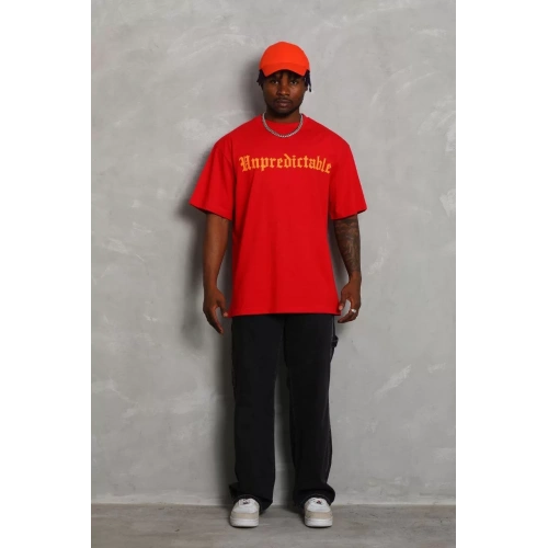 Unisex Oversize Baskılı Bisiklet Yaka T-Shirt - Kırmızı