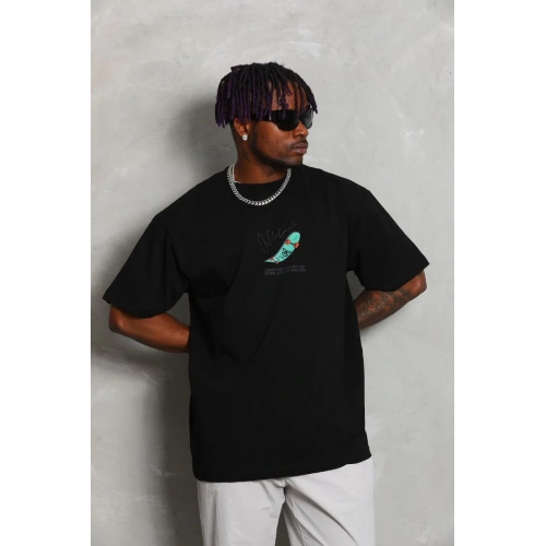 Unisex Oversize Baskılı Bisiklet Yaka T-Shirt - Siyah