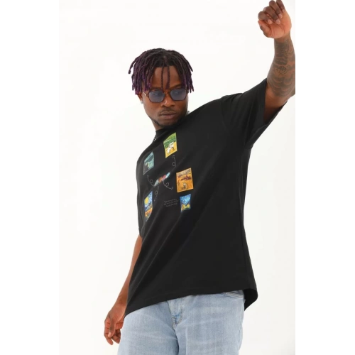Unisex Oversize Baskılı Bisiklet Yaka T-Shirt - Siyah