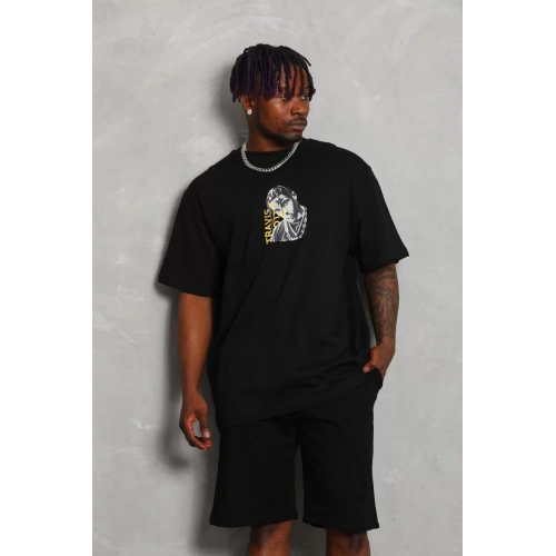 Unisex Oversize Baskılı Bisiklet Yaka T-Shirt - Siyah