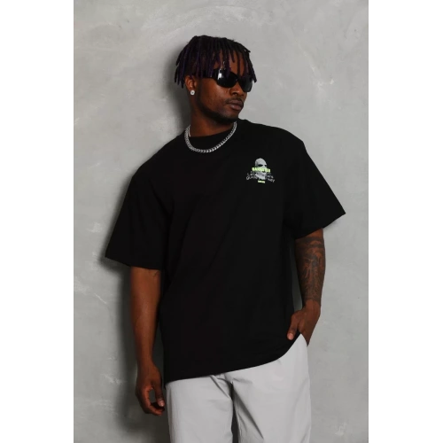 Unisex Oversize Baskılı Bisiklet Yaka T-Shirt - Siyah