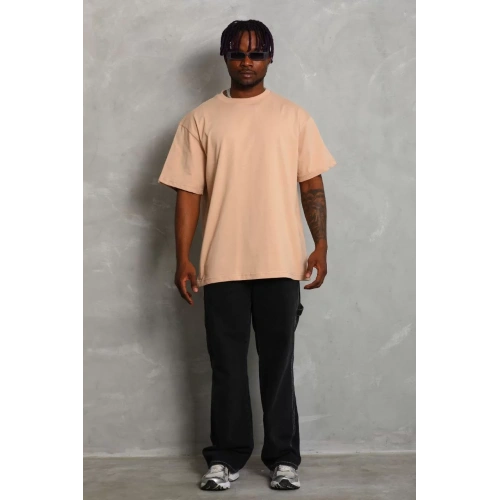 Unisex Oversize Düz Bisiklet Yaka T-Shirt - Bej