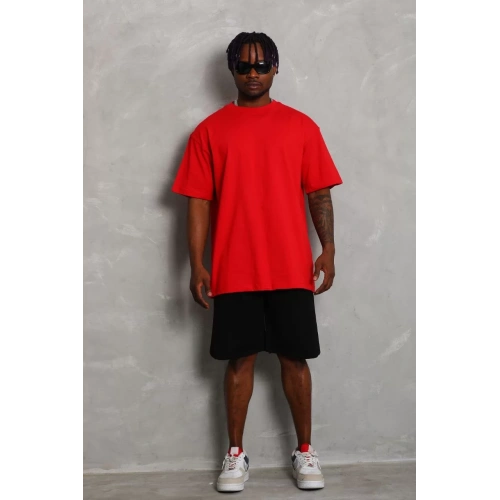 Unisex Oversize Düz Bisiklet Yaka T-Shirt - Kırmızı