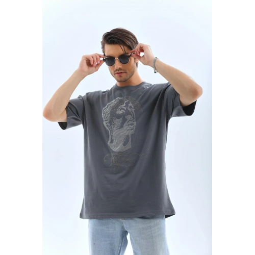 Unisex Oversize Taşlı Bisiklet Yaka T-Shirt - Füme