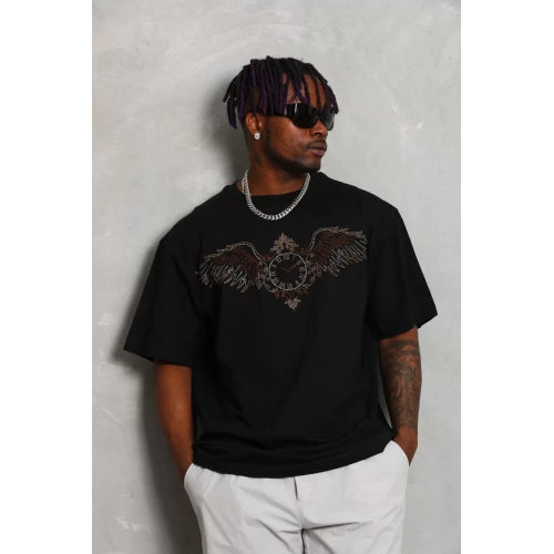 Unisex Oversize Taşlı Bisiklet Yaka T-Shirt - Siyah