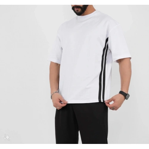 Unisex Oversize Yanları Şeritli T-Shirt - Beyaz