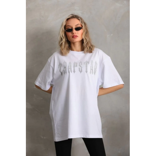 Unisex Taş Desenli Oversize T-Shirt - Beyaz