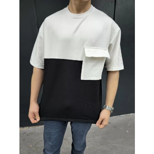 Unisex Torba Cep Detaylı Parçalı T-Shirt - Siyah