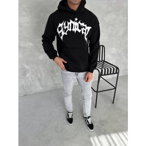 Unisex Üç İplik Kapüşonlu Baskılı SweatShirt - Siyah