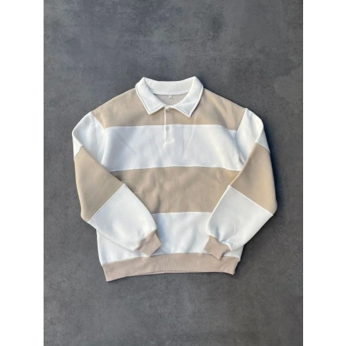 Unisex Üç İplik Parçalı Yakalı SweatShirt - Bej