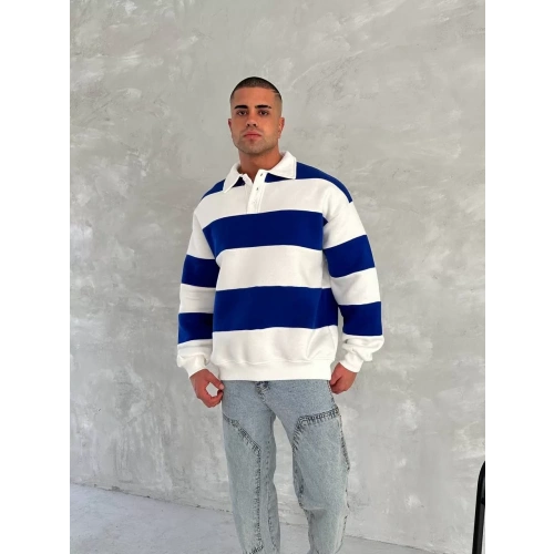 Unisex Üç İplik Parçalı Yakalı SweatShirt - Mavi