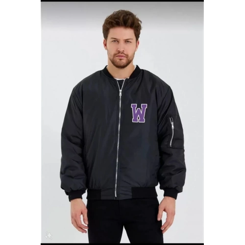 Wild One Baskılı Erkek Bomber Mont – Panter Desenli, Fermuarlı, Kapitone Astarlı Ceket - Siyah