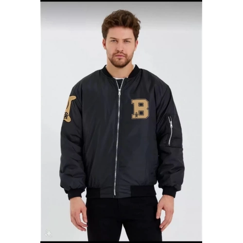 Erkek Siyah Bomber Kolej Mont – B Harfi ve Kemik Baskılı, Su İtici Kumaş, Kapitone Astarlı Fermuarlı Ceket - Siyah