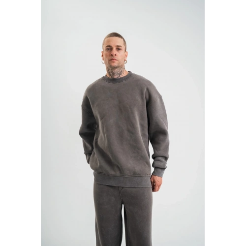 Unisex Uzun Kol Bisiklet Yaka Yıkamalı SweatShirt - Füme