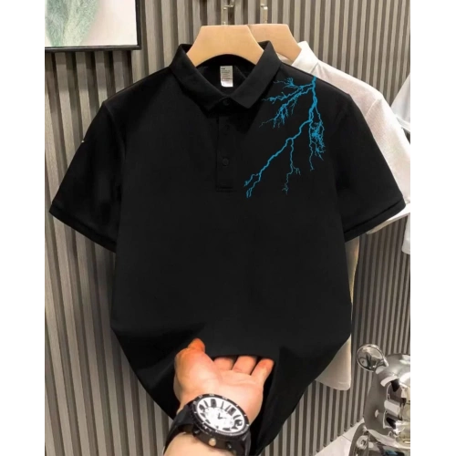 Unisex Yakası Düğmeli Oversize Baskılı T-Shirt - Siyah