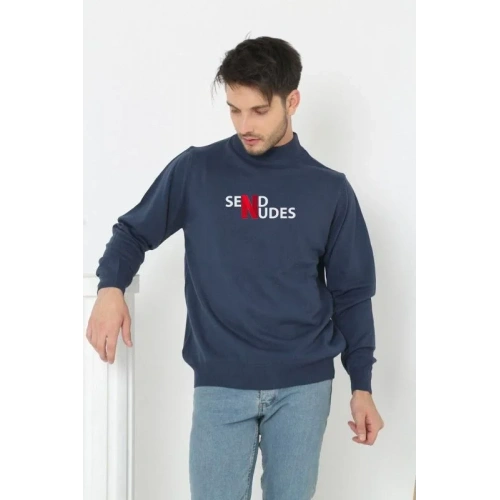 Unisex Yarım Boğazlı Baskılı Dokuma Triko - Indigo