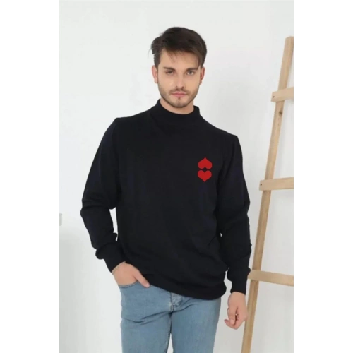 Unisex Yarım Boğazlı Baskılı Dokuma Triko - Lacivert