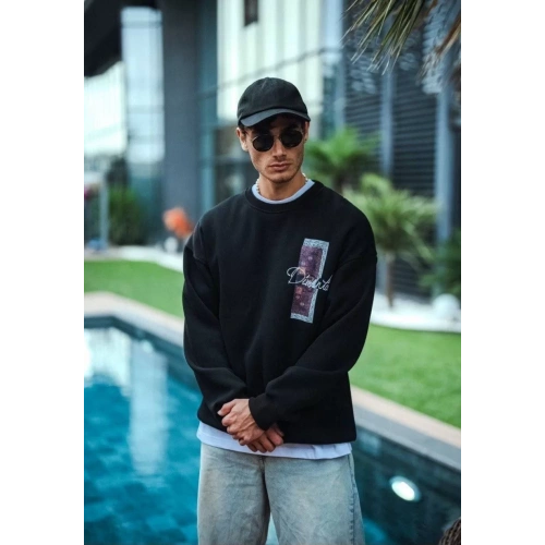 Uzun Kol Bisiklet Yaka Ön ve Arka Baskılı SweatShirt - Siyah