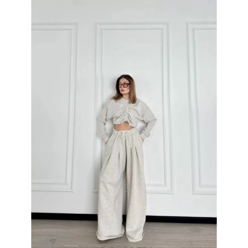 Uzun Kollu Önü İp Büzgülü Crop ve Pantolon İkili Takım - Gri