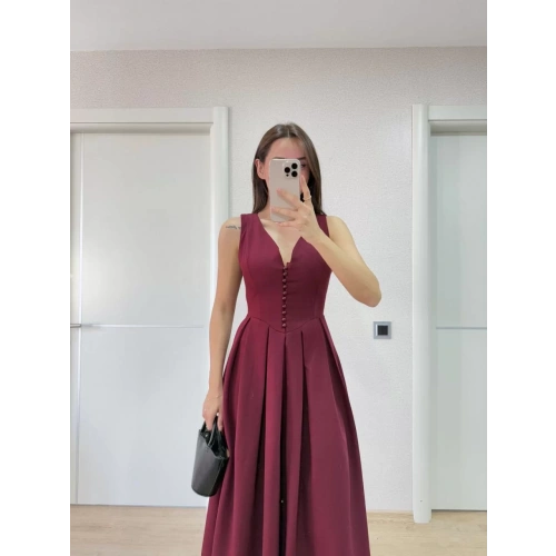 V yaka Krep Arka Ön Pens Detaylı Uzun Kolsuz Elbise - Bordo