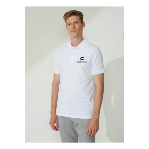 Yakası Düğmeli Yakalı Pike Baskılı T-Shirt - Beyaz