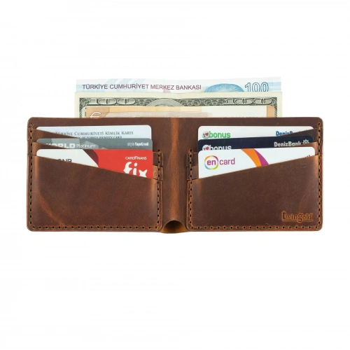 İsme Özel Dikey Uzun Klasik Cüzdan - %100 Crazy Deri - A010004 - Taba