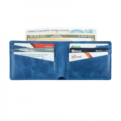 İsme Özel Yatay Klasik Cüzdan - %100 Rainbow Deri - A010001 - Saks Mavisi