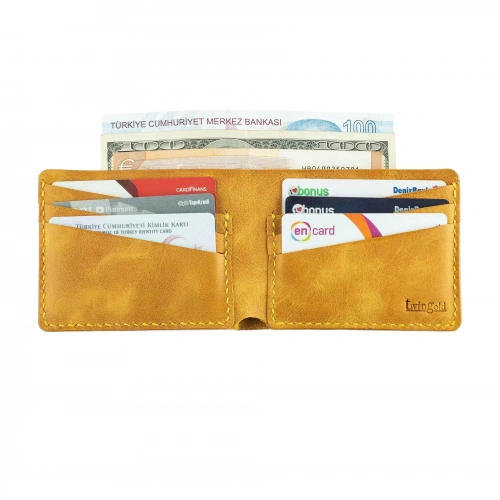 İsme Özel Yatay Klasik Cüzdan - %100 Rainbow Deri - A010001 - Hardal Sarısı
