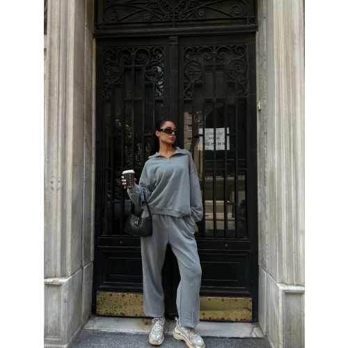 Yıkamalı iki iplik Kumaş Yakalı Fermuarlı Oversize Eşofman Takımı - Gri