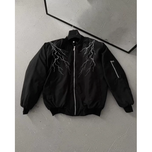 Unisex Siyah Bomber Mont – Beyaz Şimşek Desenli, Fermuarlı Cepli, Kapitone Astarlı Sokak Stili Günlük Ceket - Siyah