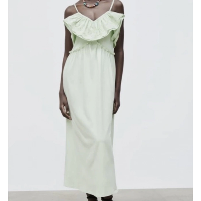 Askılı Fırfırlı Brode Detaylı | Yazlık Midi Boy Fıstık Yeşili Elbise