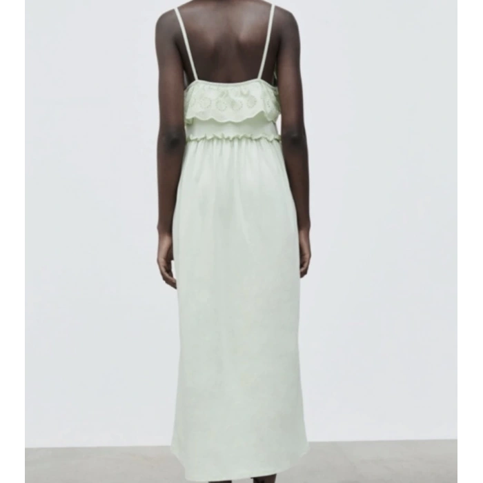 Askılı Fırfırlı Brode Detaylı | Yazlık Midi Boy Fıstık Yeşili Elbise