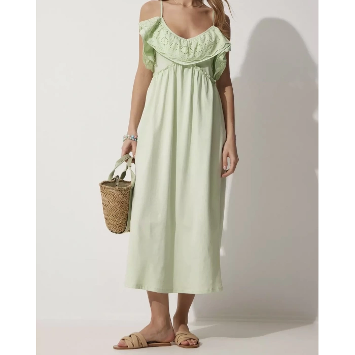 Askılı Fırfırlı Brode Detaylı | Yazlık Midi Boy Fıstık Yeşili Elbise