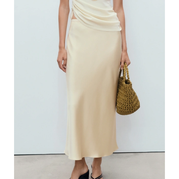 Kadın Saten Midi Etek | Lastikli Bel, Yüksek Bel, Kemersiz | Şık ve Rahat A Kesim