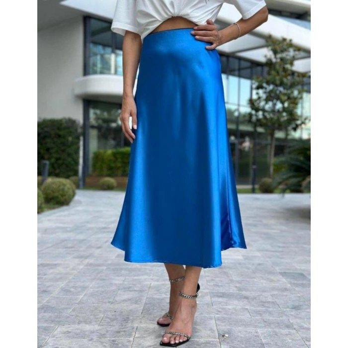 Kadın Saten Midi Etek | Lastikli Bel, Yüksek Bel, Kemersiz | Şık ve Rahat A Kesim