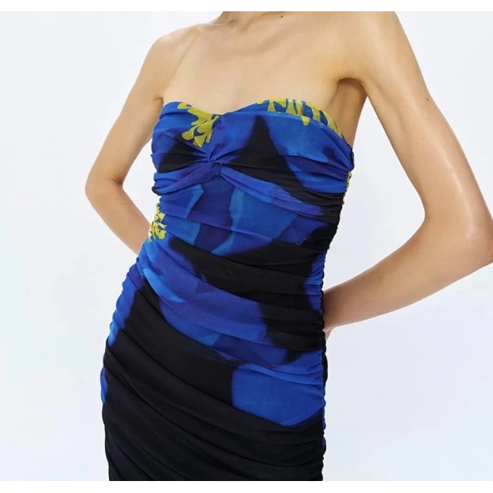 Straplez Büzgülü Sıkılaştırıcı Midi Elbise | Mavi Siyah Çiçek Desenli | Özel Davet Elbisesi