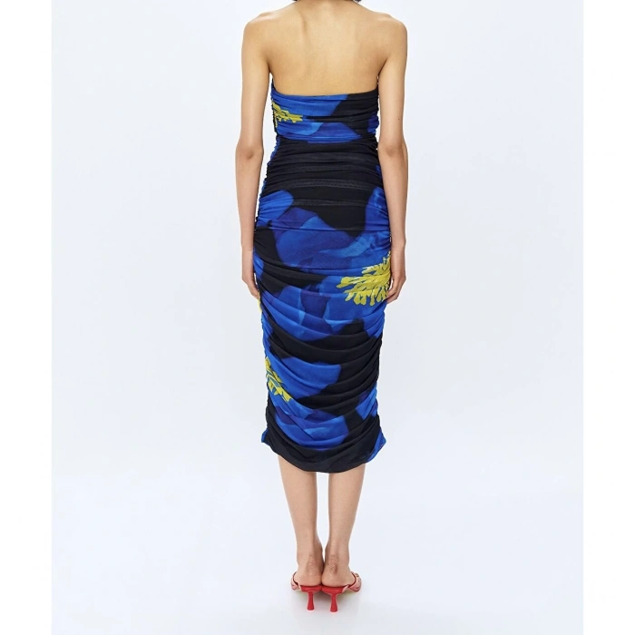 Straplez Büzgülü Sıkılaştırıcı Midi Elbise | Mavi Siyah Çiçek Desenli | Özel Davet Elbisesi