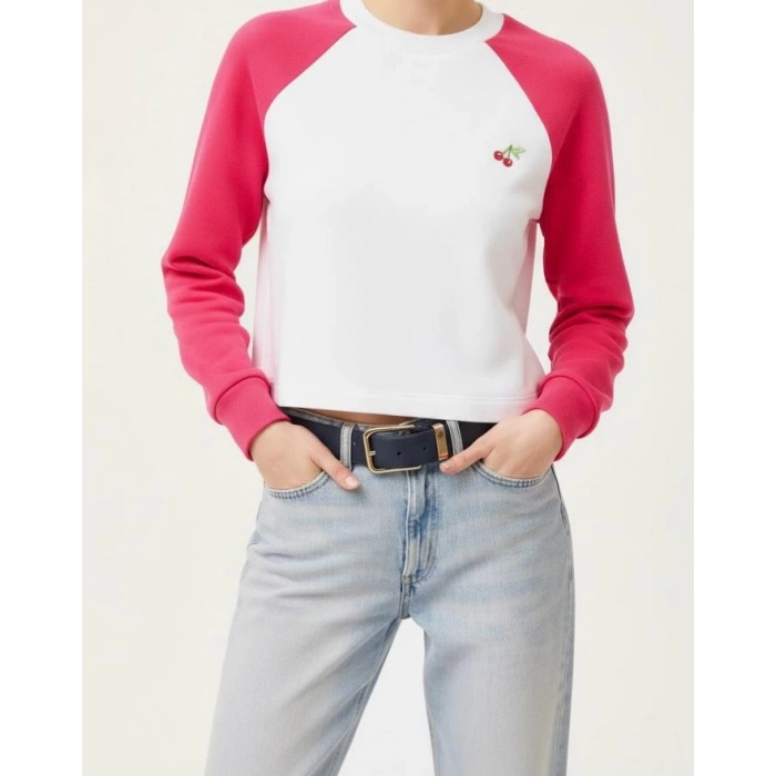 Sıcak Tutan Kışlık | Kadın Kiraz Nakışlı Pembe Beyaz 3 İplik Şardonlu Reglan Kol Sweatshirt