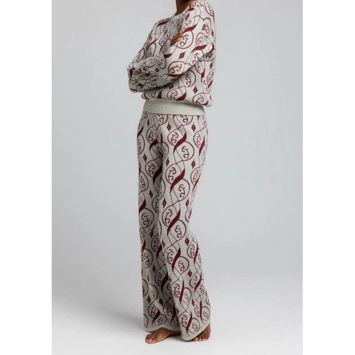 Sıcak Tutan Kışlık | Desenli Kadın Alt Üst Triko Takım Pamuk Akrilik Geniş Paça