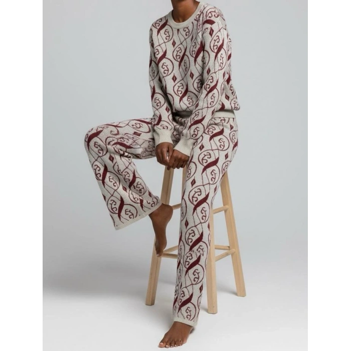 Sıcak Tutan Kışlık | Desenli Kadın Alt Üst Triko Takım Pamuk Akrilik Geniş Paça