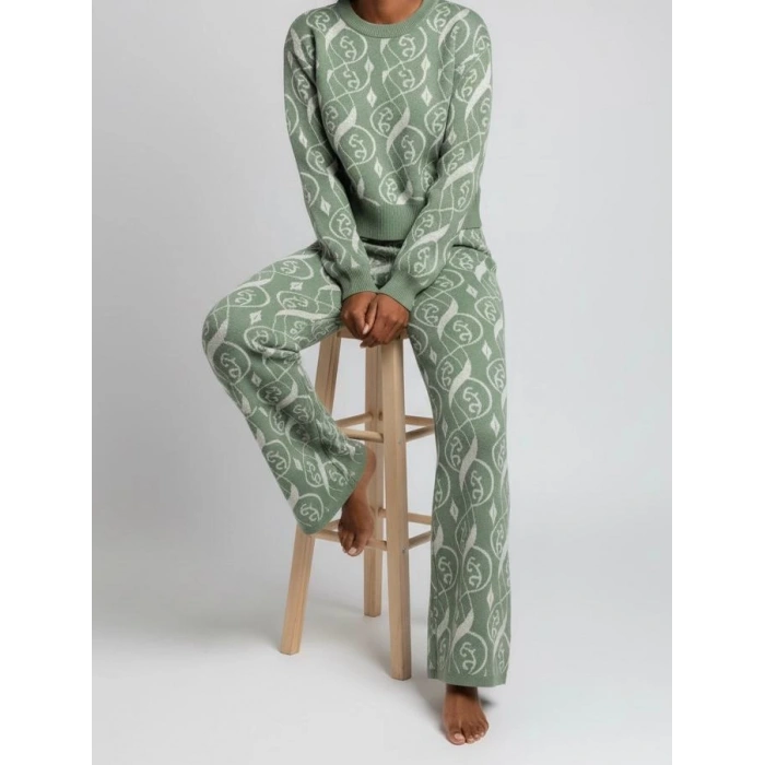 Sıcak Tutan Kışlık | Desenli Kadın Alt Üst Triko Takım Pamuk Akrilik Geniş Paça