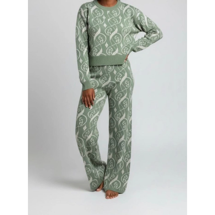 Sıcak Tutan Kışlık | Desenli Kadın Alt Üst Triko Takım Pamuk Akrilik Geniş Paça