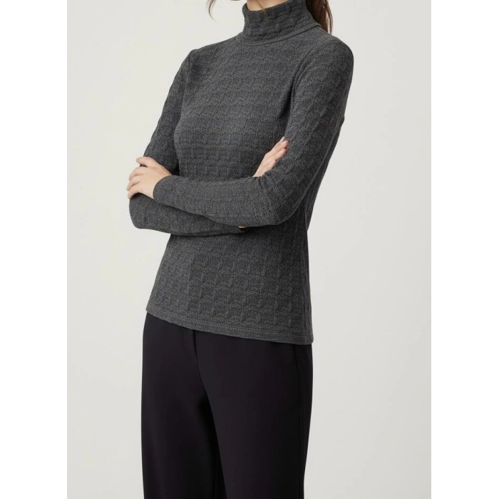 Sıcak Tutan Kışlık | Gri Desenli Kadın Yarım Balıkçı Yaka Triko Kazak