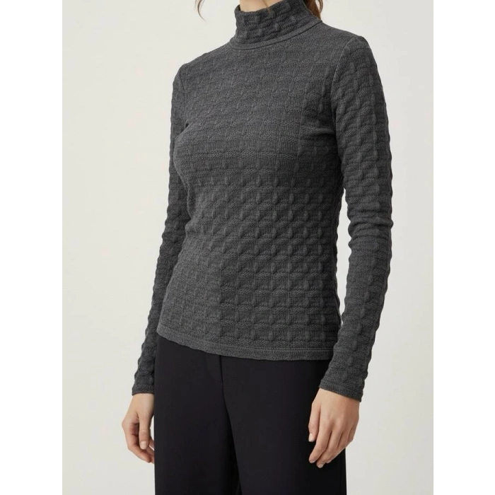 Sıcak Tutan Kışlık | Gri Desenli Kadın Yarım Balıkçı Yaka Triko Kazak